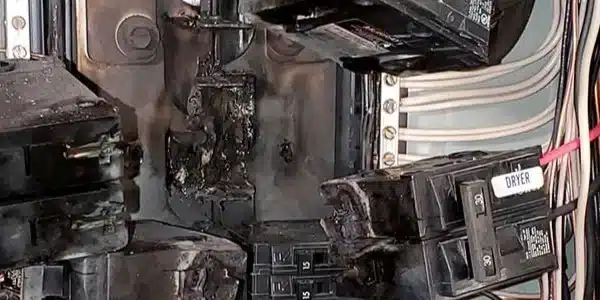 Burnt and damaged electrical panel with melted circuit breakers, showcasing potential fire hazards and the need for immediate electrical service and upgrades.