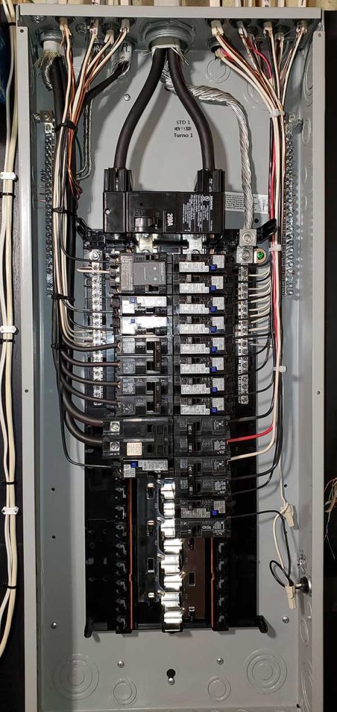 Main electrical panel installation showcasing circuit breakers and wiring, highlighting electrical service upgrades by Nalset Electrical Services.