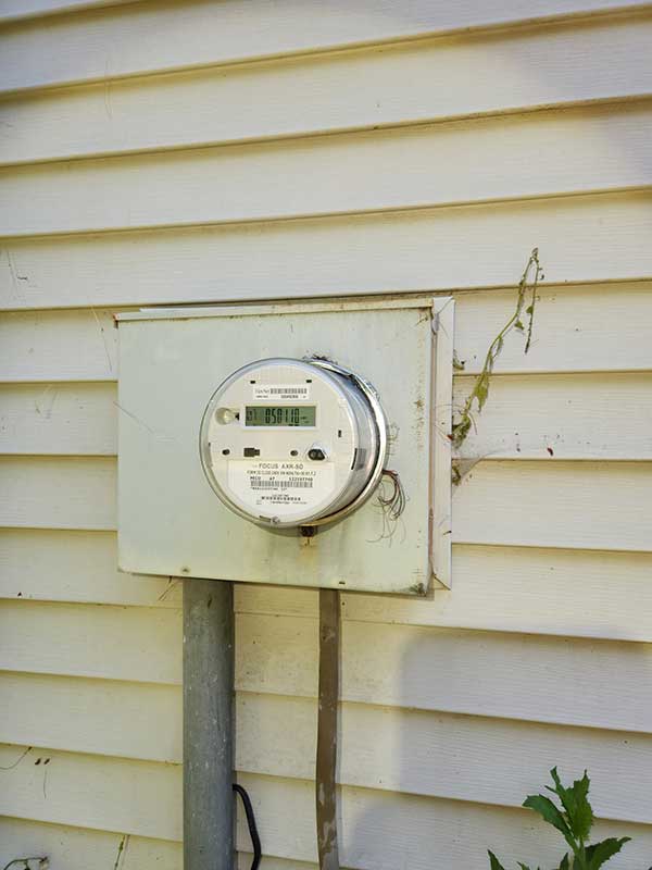 Electrical meter mounted on a wall, displaying usage readings, surrounded by minor vegetation, illustrating electrical safety and monitoring.