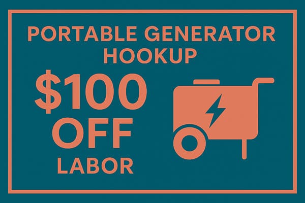 Portable generator hookup promotion with $100 off labor, featuring a graphic of a generator and bold text highlighting the offer.