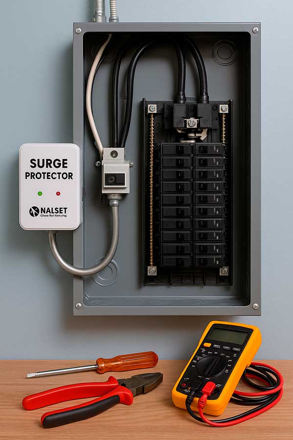 Whole-house surge protector installed in electrical panel with Nalset branding, alongside electrical tools including a multimeter, screwdriver, and pliers, emphasizing professional electrical services for home protection.