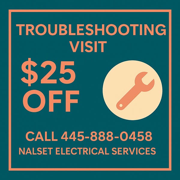 Troubleshooting visit promotion for Nalset Electrical Services featuring $25 off, call 445-888-0458, with a wrench icon on a teal background.